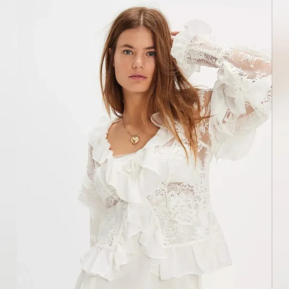 For Love & Lemons Holiday Lace Blouse (SAMPLE) Silk Top S Romantic Sheer Lace - Picture 5 of 16